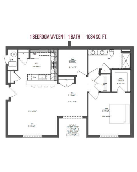 Floor plan for 1 bed, 1 bath, 1149 sqft